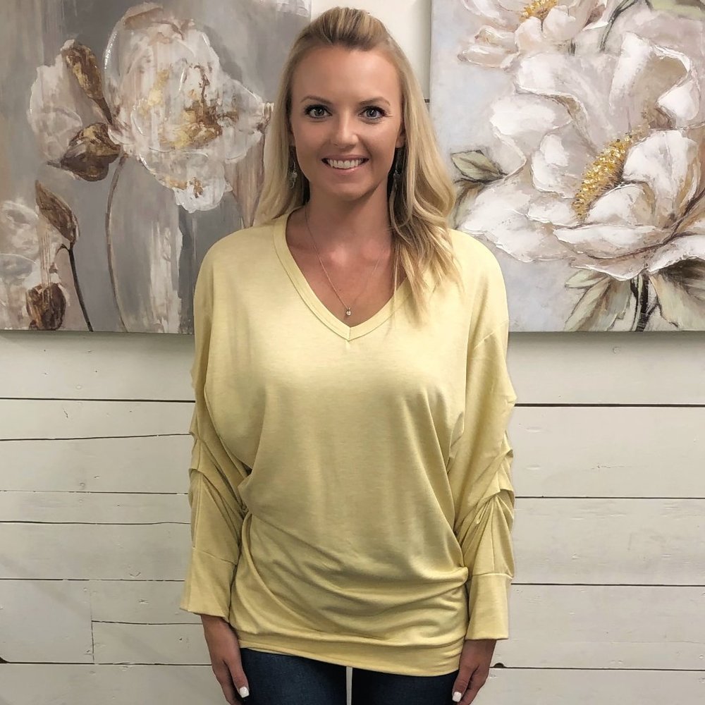 Ruched Long Sleeve V-Neck Top - Heather Yellow